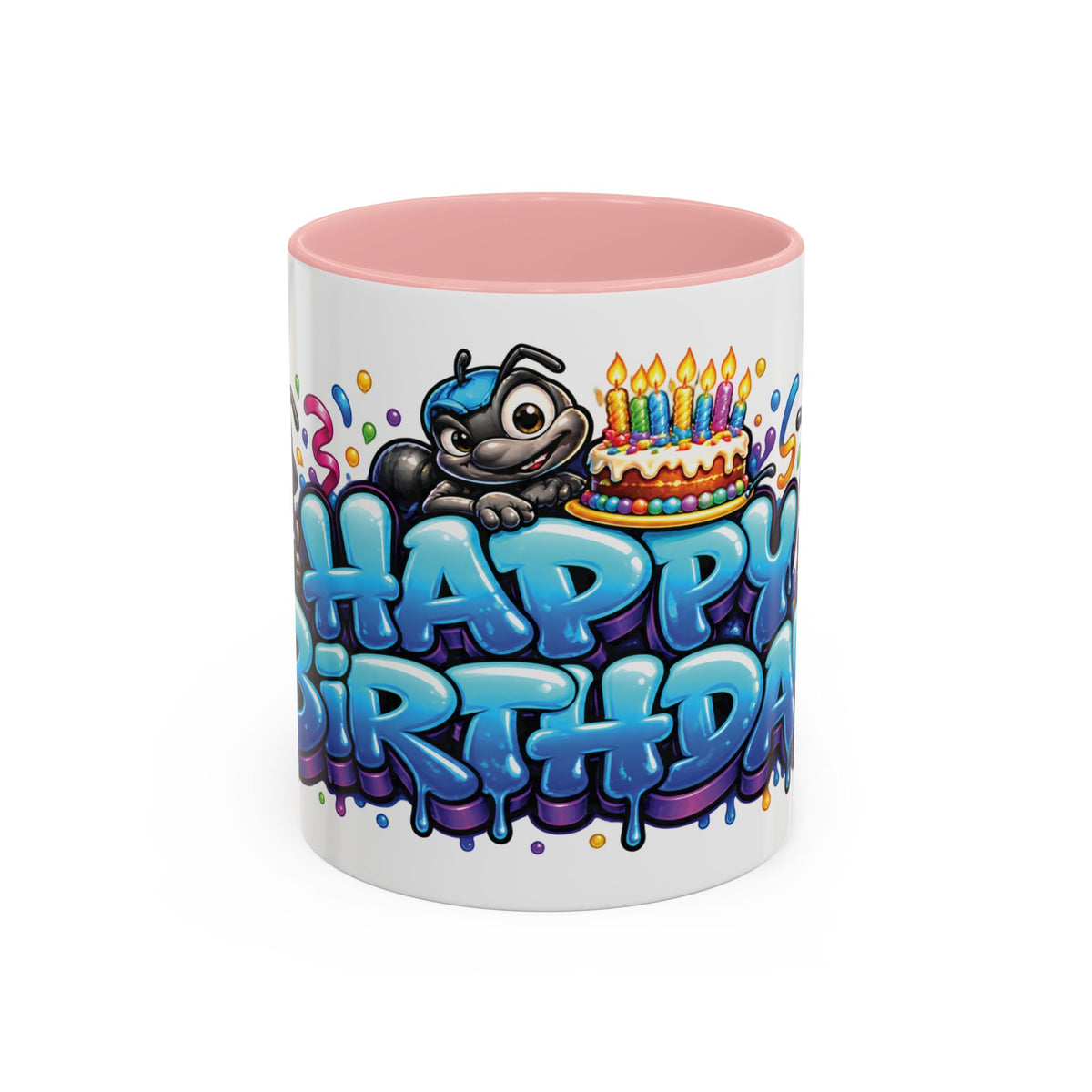 Happy Birthday Cartoon Mug – Graffiti Ants, Birthday Cake, Balloons & Confetti Coffee Cup