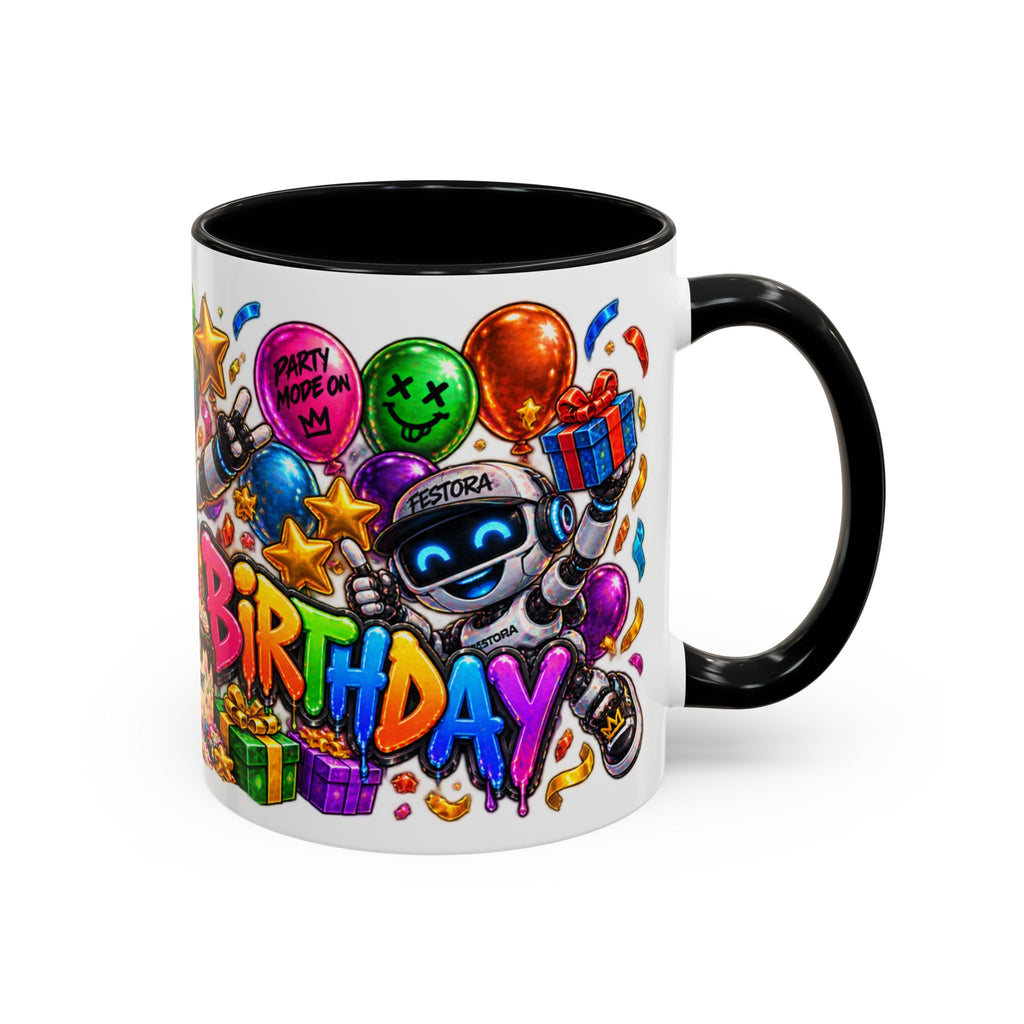 Birthday Robot Coffee Mug — Colorful Happy Birthday Accent Mug (11oz)