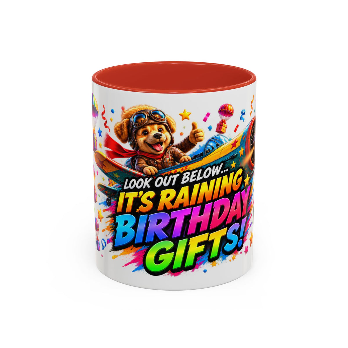 Birthday Gifts Coffee Mug — "It's Raining Birthday Gifts!" Colorful Accent Mug