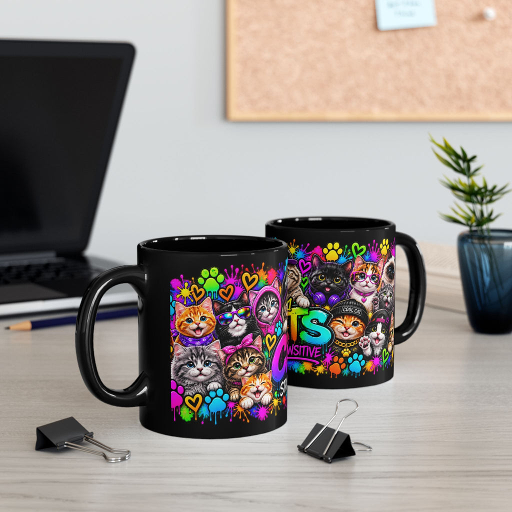 Cats Stay Pawsitive Black Mug – Colorful Cute Cat Coffee Cup (11oz)