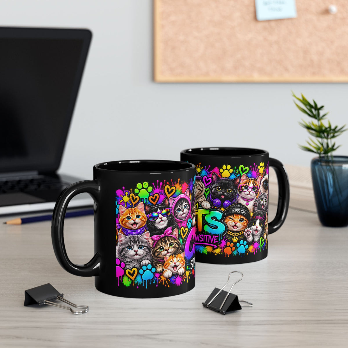 Cats Stay Pawsitive Black Mug – Colorful Cute Cat Coffee Cup (11oz)