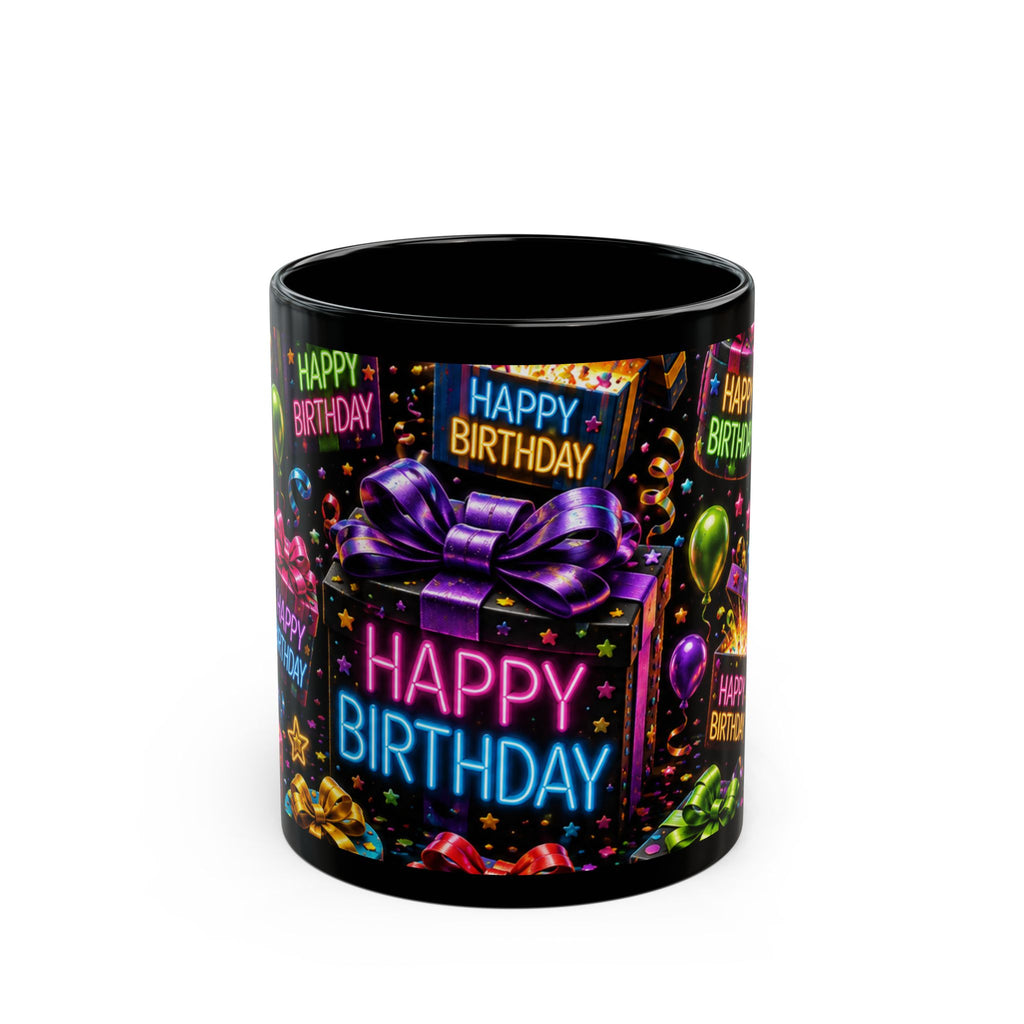 Happy Birthday Gift & Balloons Black Mug — Colorful Celebration Coffee Cup