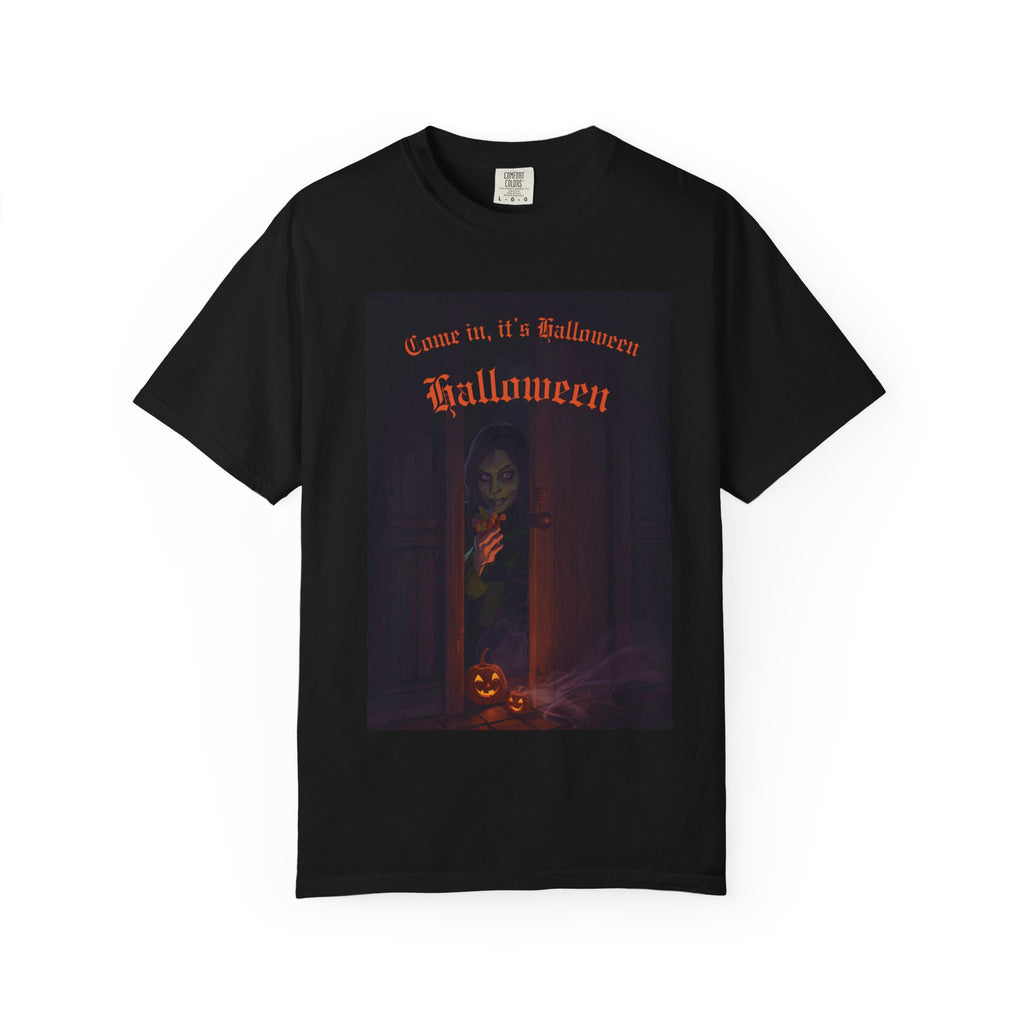Halloween 'Come In, It’s Halloween' T-Shirt — Spooky Pumpkin & Ghostly Door Graphic