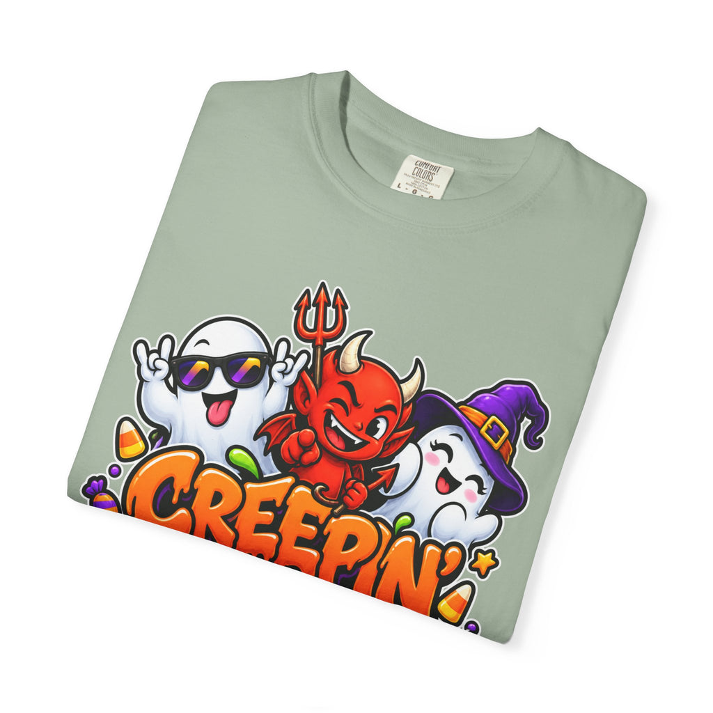 Creepin’ With My Crew Halloween T-Shirt – Colorful Funny Ghost & Devil Graphic Tee