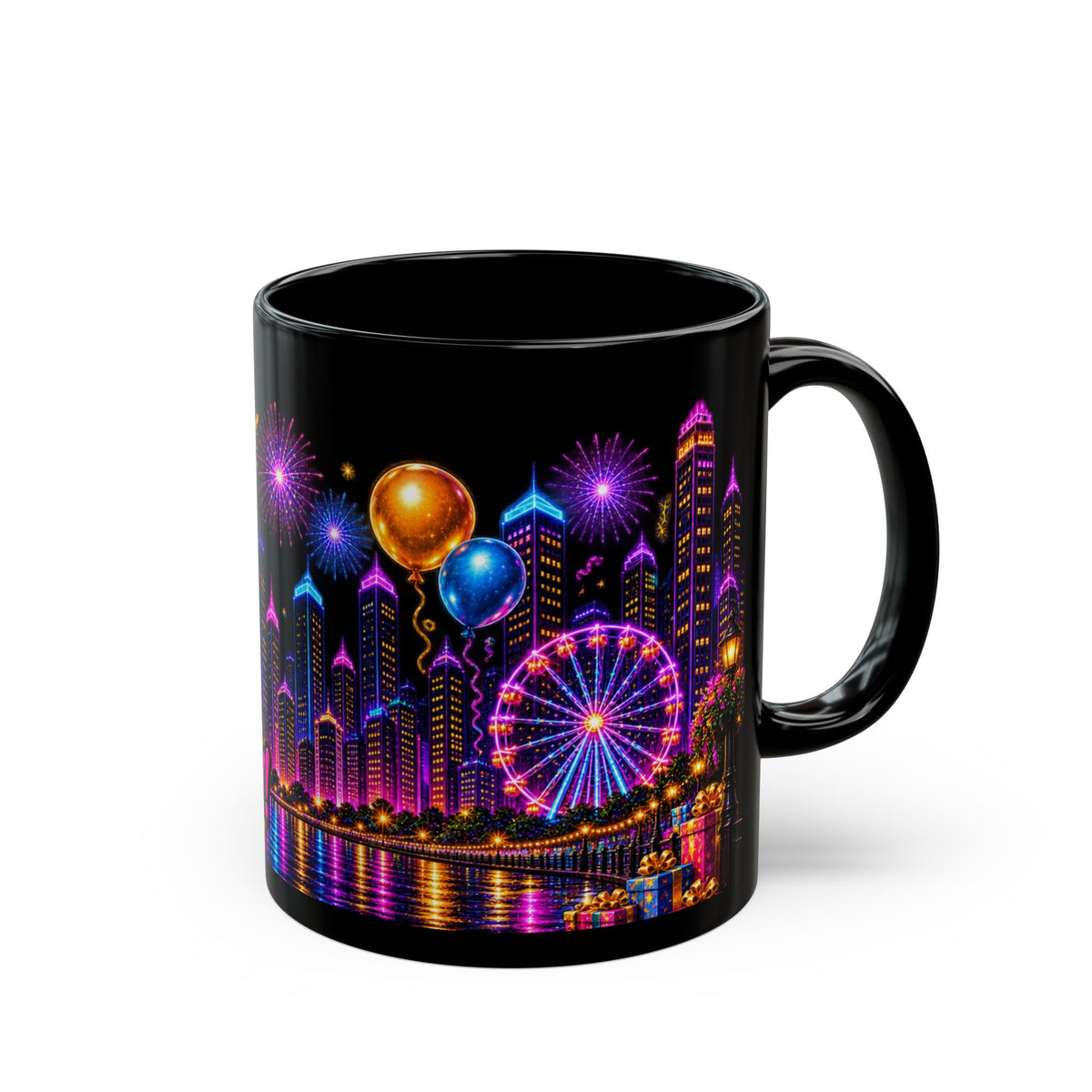Happy Birthday Neon City Night Mug – Colorful Fireworks & Balloons