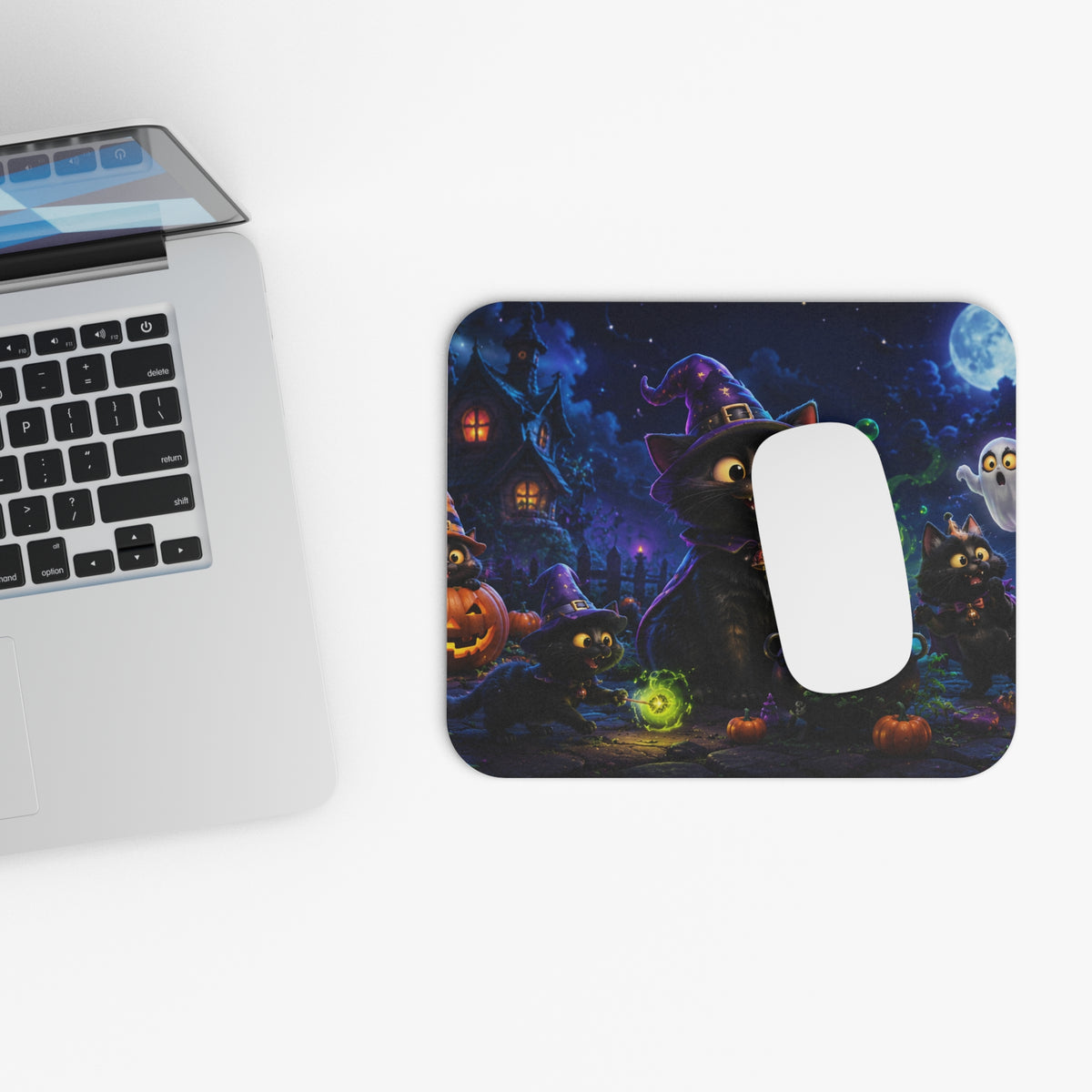 Halloween Witch Cat Mouse Pad — Cute Spooky Cat Cauldron Design