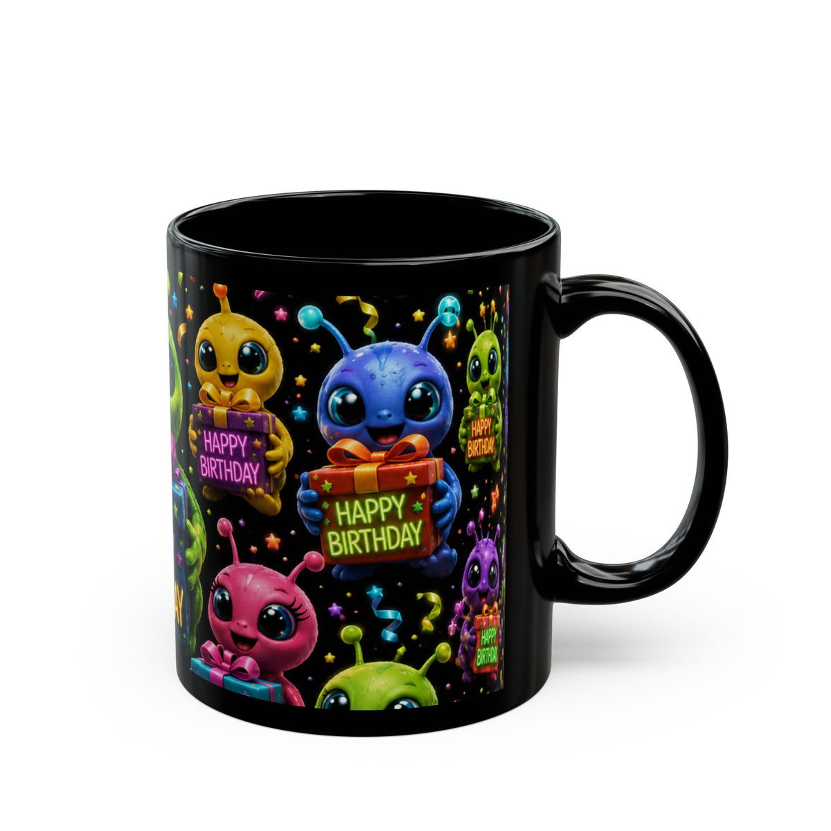 Happy Birthday Alien Mug — Cute Colorful Black Birthday Coffee Cup