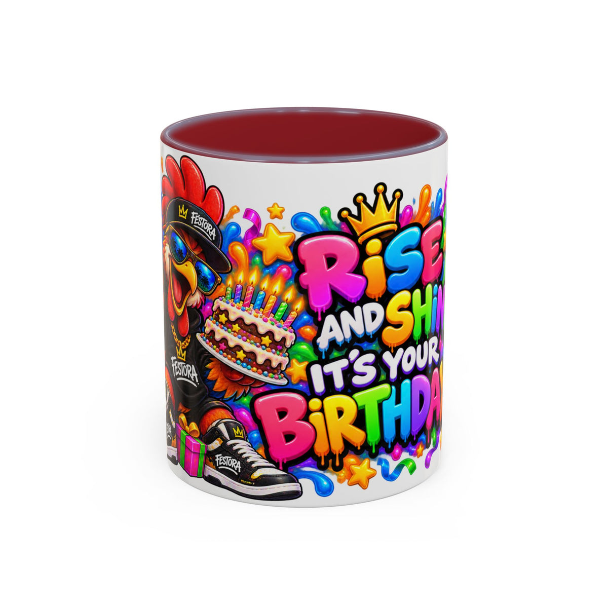 RISE AND SHINE… IT’S YOUR BIRTHDAY! White Ceramic Mug – Funny Rooster Birthday Coffee Cup – Colorful Party Gift – Original FestoraShop Design