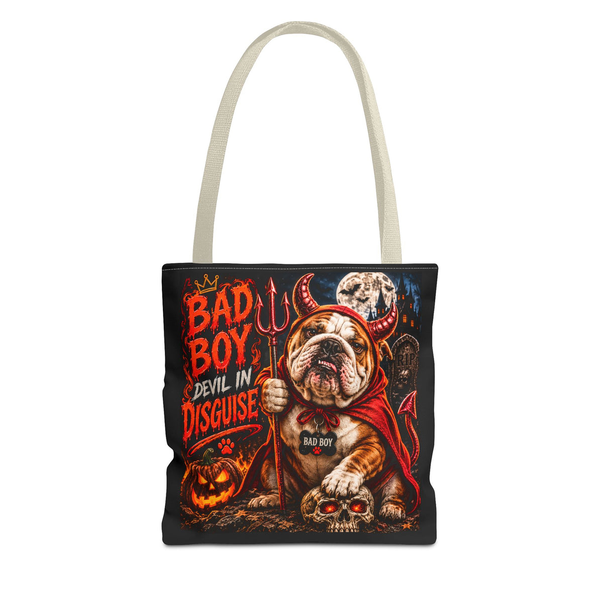 Halloween Bulldog Tote Bag – "Bad Boy Devil in Disguise" Gothic Pumpkin Skull Design