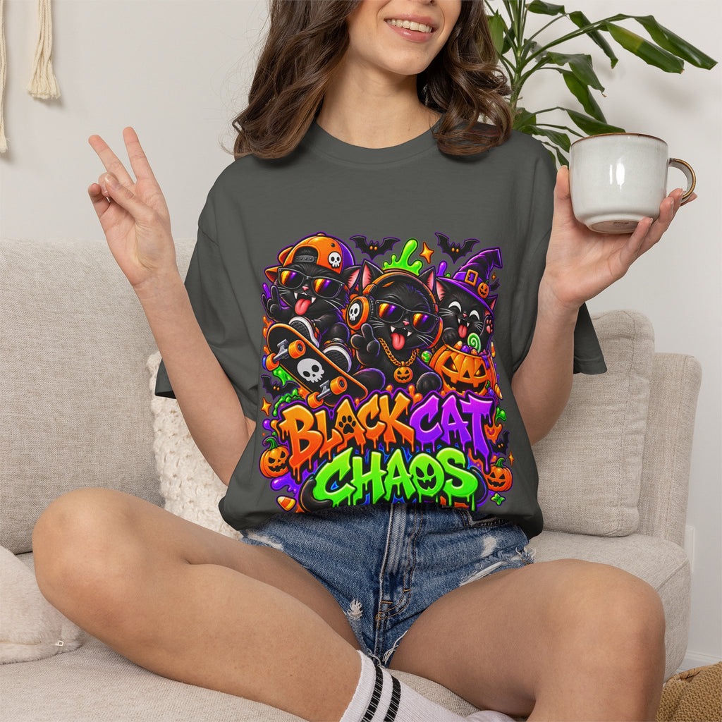 Neon Black Cat Halloween Chaos T-Shirt | Cute Spooky Cat Graphic Tee