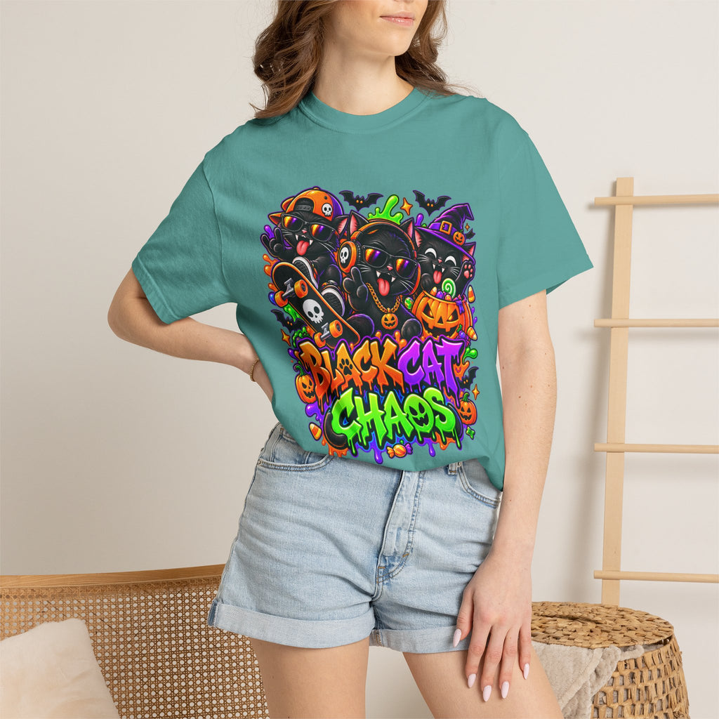 Neon Black Cat Halloween Chaos T-Shirt | Cute Spooky Cat Graphic Tee