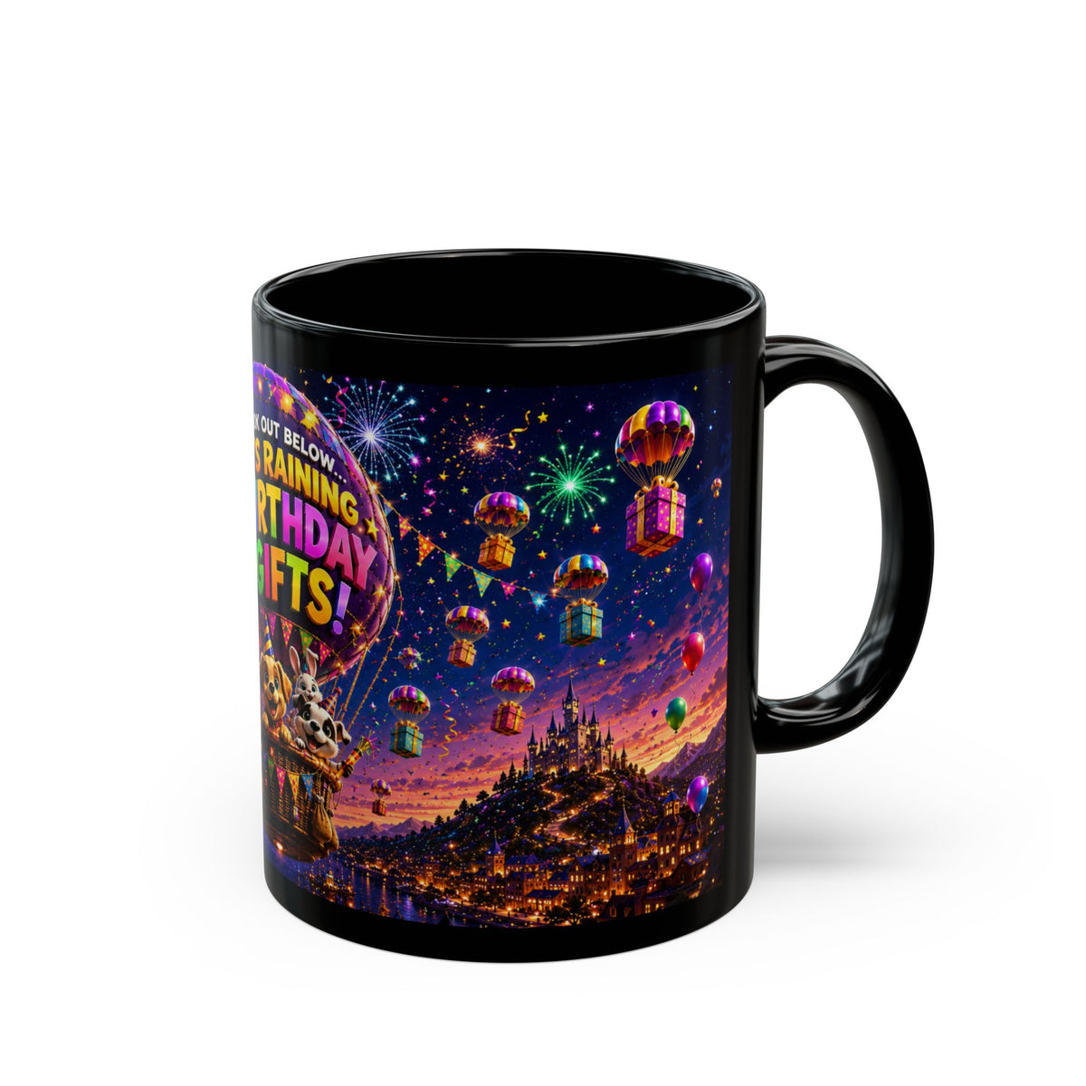 Birthday Gifts Hot Air Balloon Black Mug – "It's Raining Birthday Gifts" (11oz)