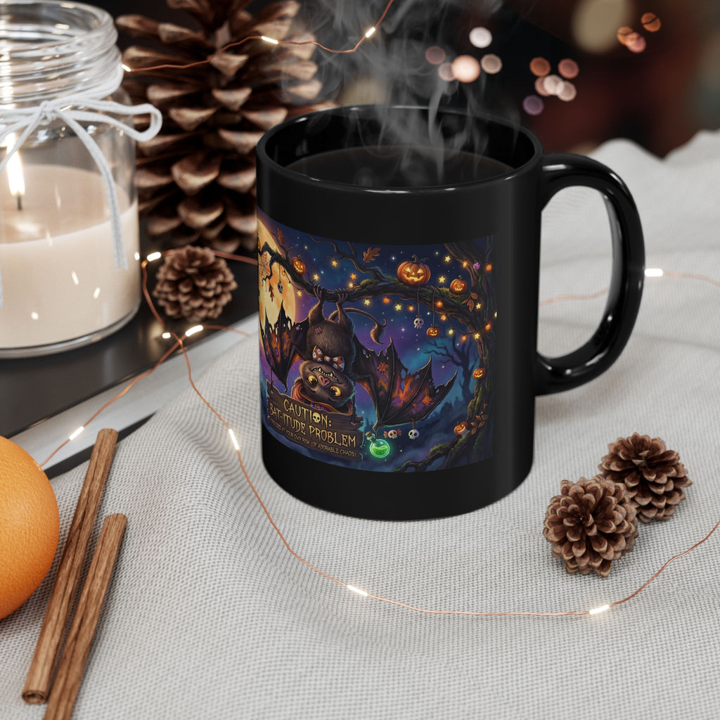 Halloween Bat Mug – "Caution: Bat-titude Problem" Black Coffee Cup (11oz, 15oz)