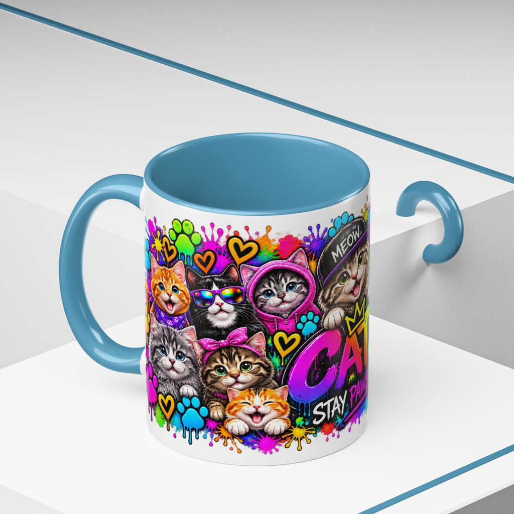 Cats Stay Pawsitive Accent Coffee Mug – Colorful Cute Cat Paw Print Design (11oz)