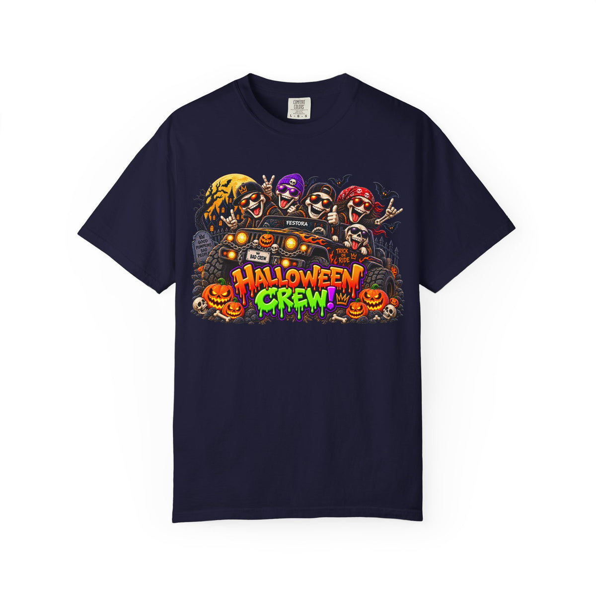 Halloween Crew T-Shirt – Skeleton Jeep Spooky Graphic Tee