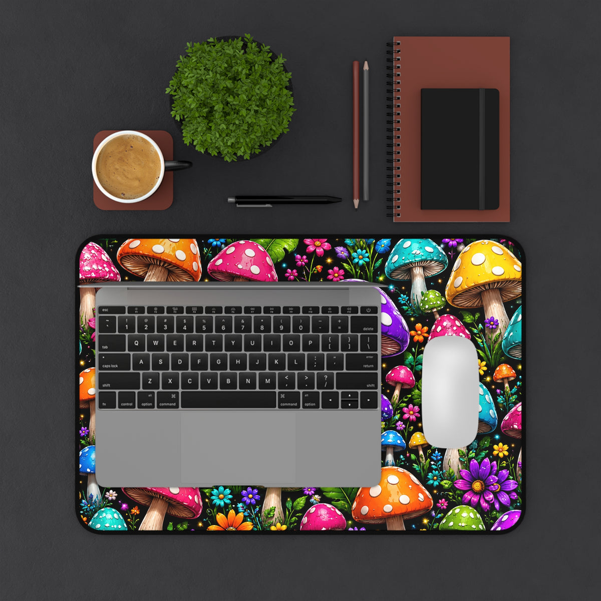 Colorful Mushroom Garden Desk Mat — Bright Psychedelic Desk Pad for Gamers & Creatives