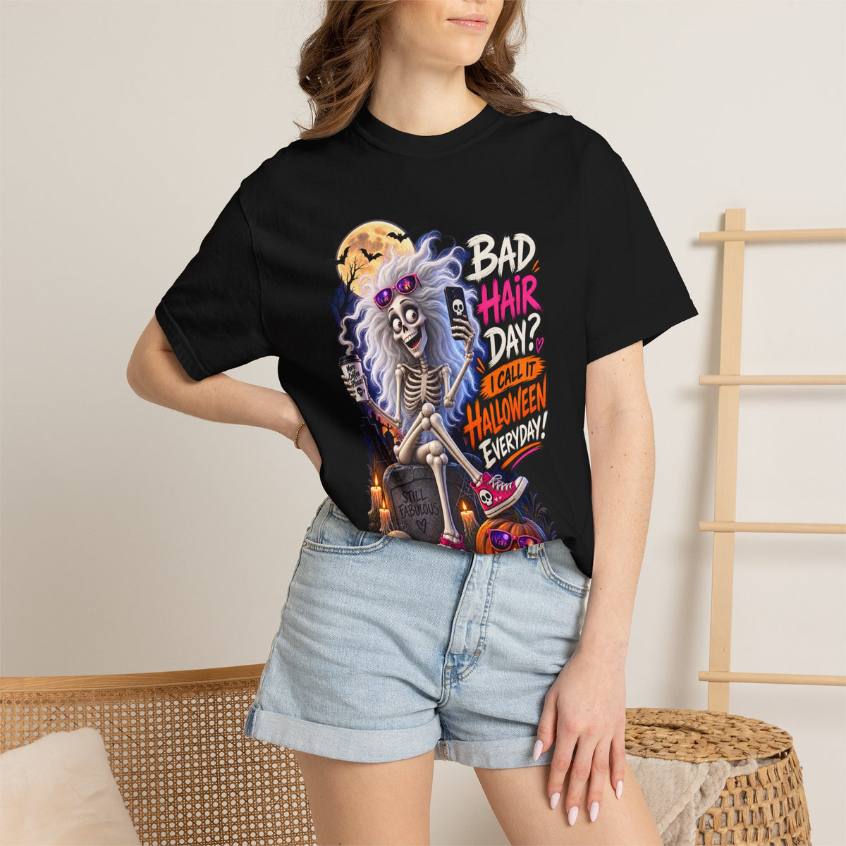 Halloween T-Shirt — “Bad Hair Day? I Call It Halloween Everyday!” Gothic Skeleton Tee