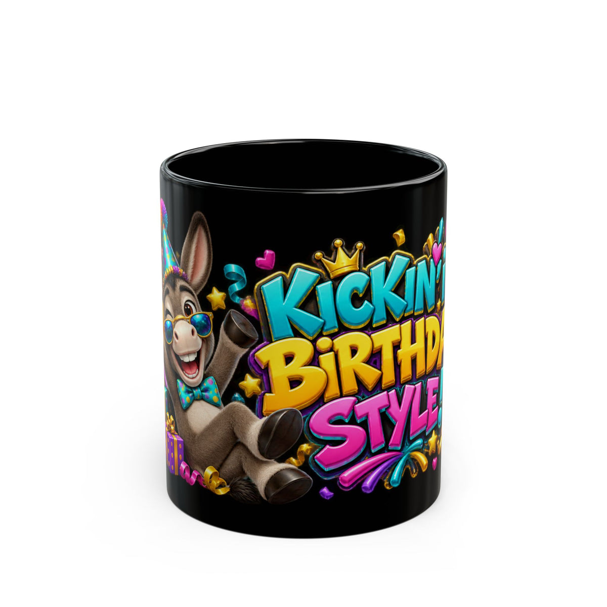 Kickin’ It Birthday Style Donkey Black Mug – Funny Happy Birthday Party Cup, Colorful Festive Gift
