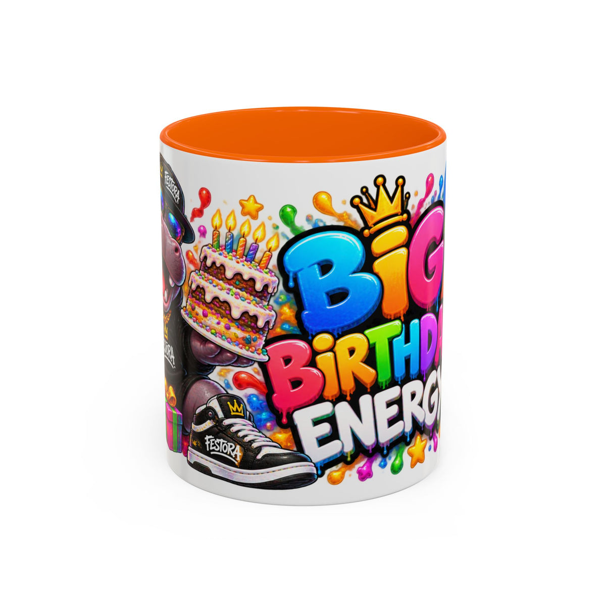 BIG BIRTHDAY ENERGY! White Ceramic Mug – Funny Hippo Birthday Coffee Cup – Colorful Party Gift – Original FestoraShop Design