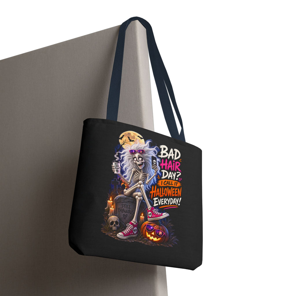 Halloween Skeleton Tote Bag — "Bad Hair Day? I Call It Halloween Everyday" Graphic