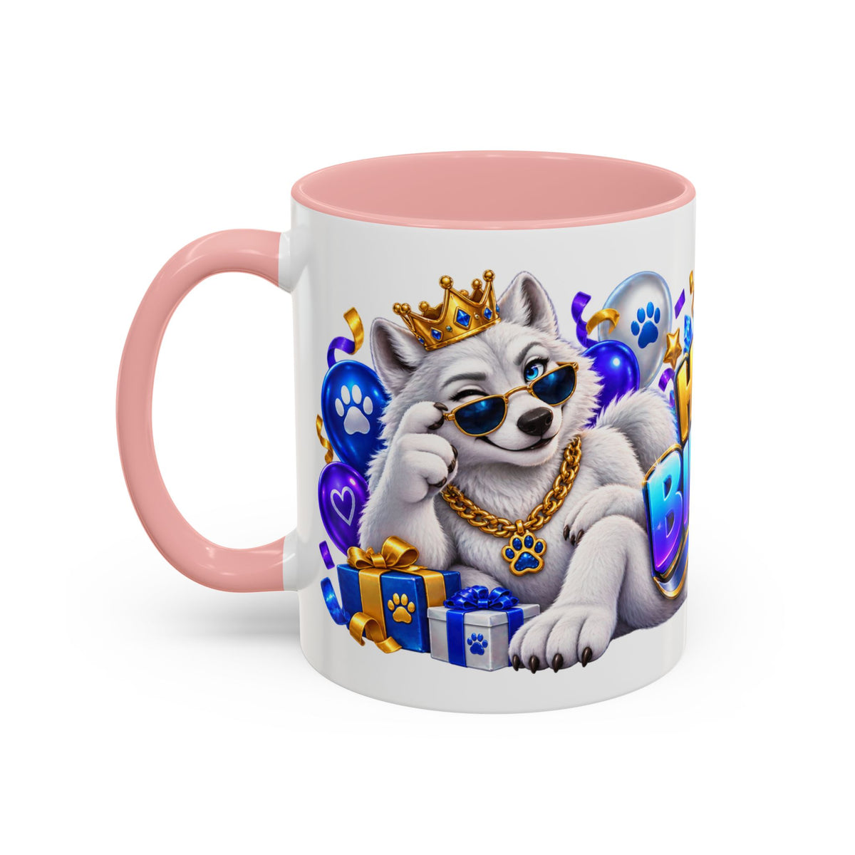 White Wolf Happy Birthday Mug – Blue Purple & Gold Birthday Gift – FestoraShop White Coffee Mug