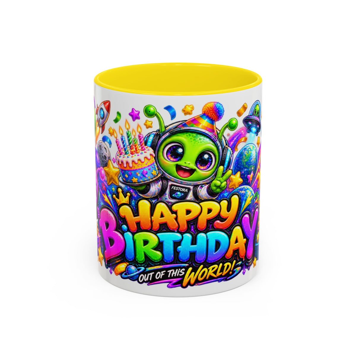 Happy Birthday Out of This World Accent Mug — Cute Alien Space Birthday Coffee Cup (11oz)