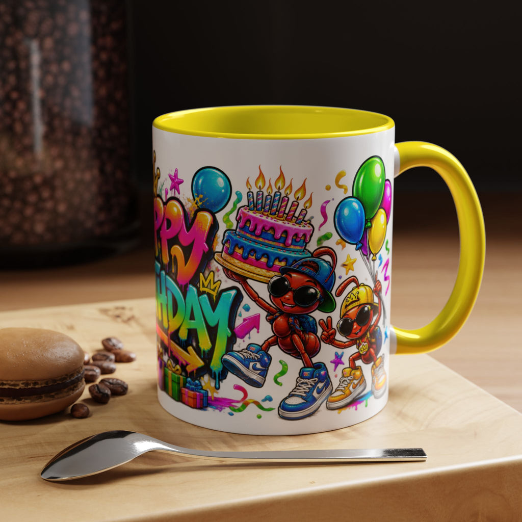 Happy Birthday Accent Coffee Mug - Colorful Graffiti Party Design (11 oz)