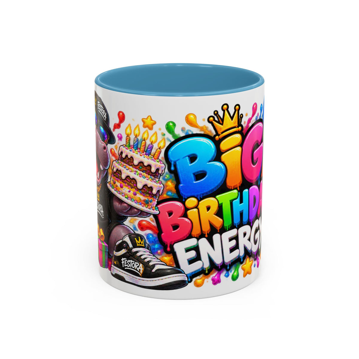 BIG BIRTHDAY ENERGY! White Ceramic Mug – Funny Hippo Birthday Coffee Cup – Colorful Party Gift – Original FestoraShop Design