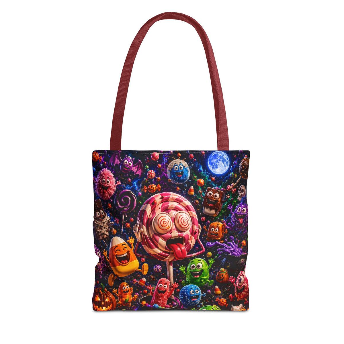 Crazy Halloween Candy Monsters Tote Bag — Colorful 3D Lolipop & Treats Design