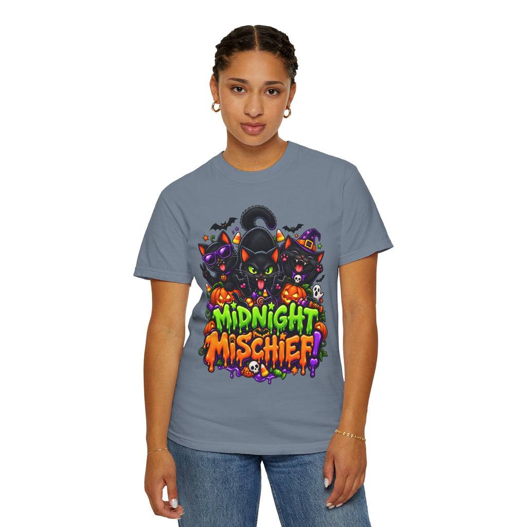 Midnight Mischief Halloween T-Shirt – Funny Black Cat Graphic Tee
