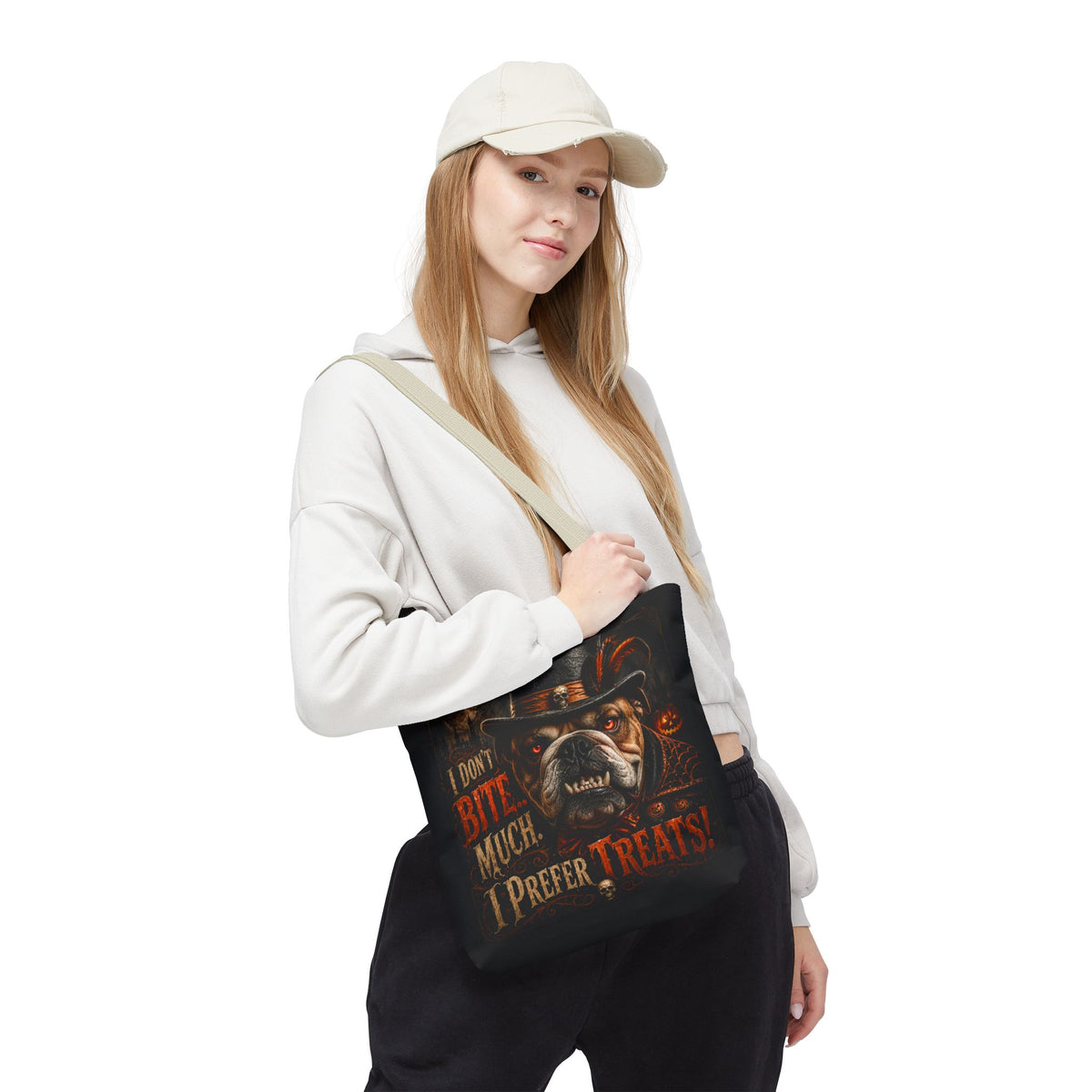 Halloween Bulldog Tote Bag — "I Don't Bite Much, I Prefer Treats" Candy‑Lovers Reusable Bag