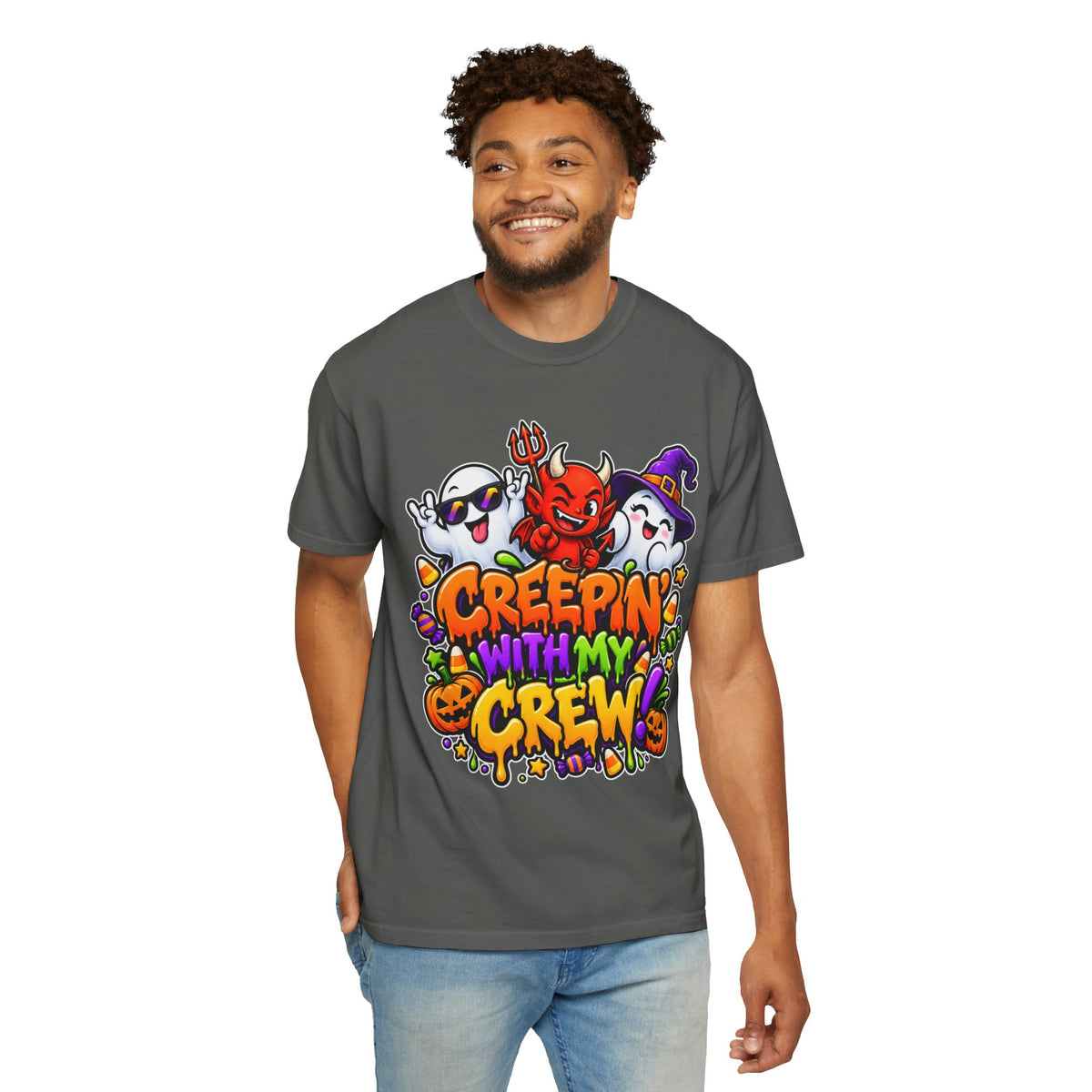 Creepin’ With My Crew Halloween T-Shirt – Colorful Funny Ghost & Devil Graphic Tee