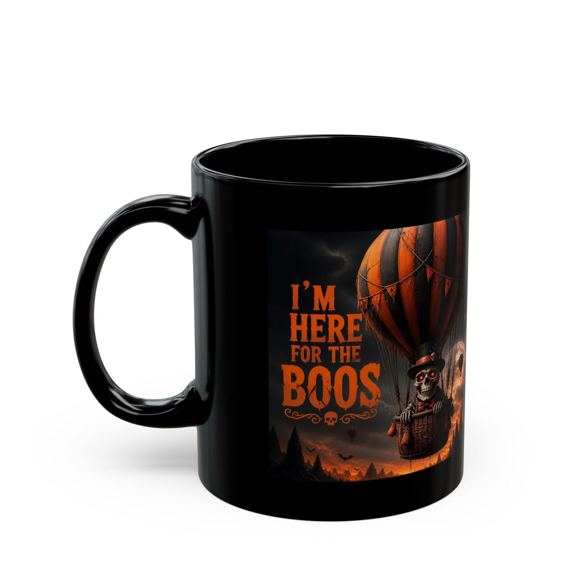 Halloween Mug - "I'm Here for the Boos" Skeleton Hot Air Balloon Coffee Cup