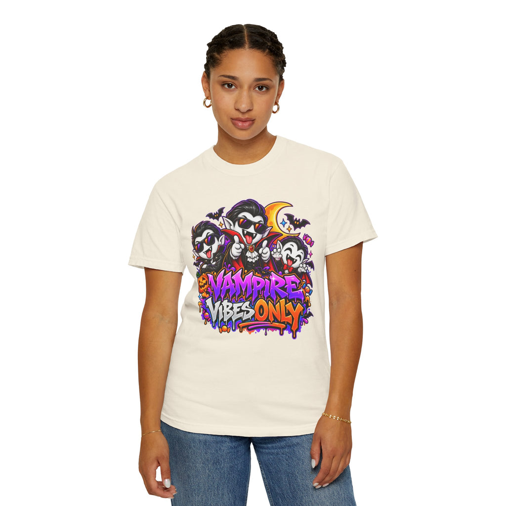 Neon Vampire Vibes Halloween Unisex Garment-Dyed T-Shirt Featuring a Cool Festora Vampire Crew