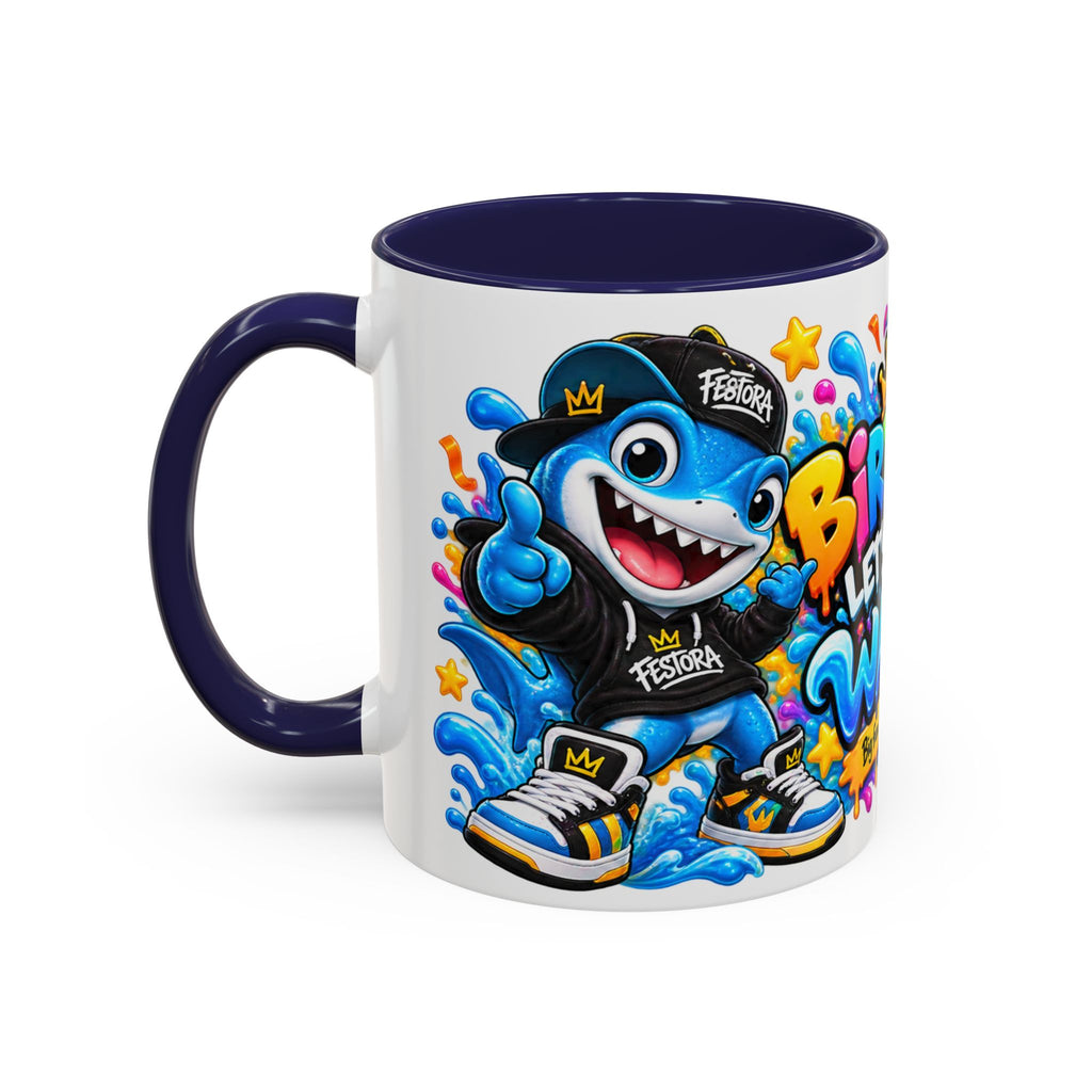 BIRTHDAY? LET’S MAKE WAVES! White Ceramic Mug – Funny Shark Birthday Coffee Cup – Original FestoraShop Design