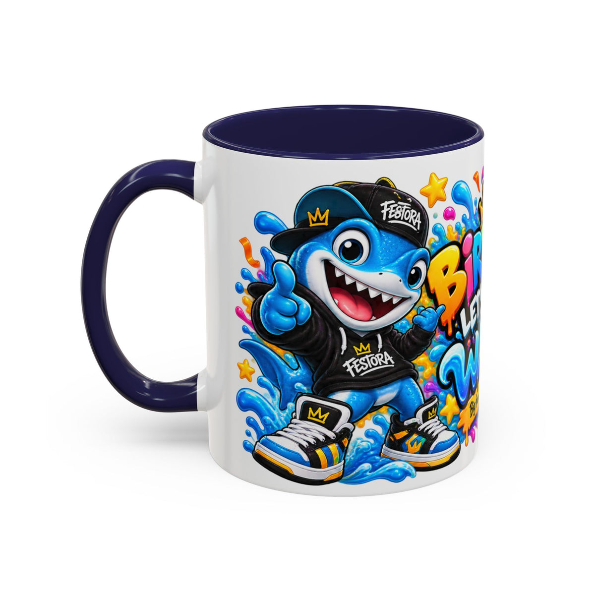 BIRTHDAY? LET’S MAKE WAVES! White Ceramic Mug – Funny Shark Birthday Coffee Cup – Original FestoraShop Design
