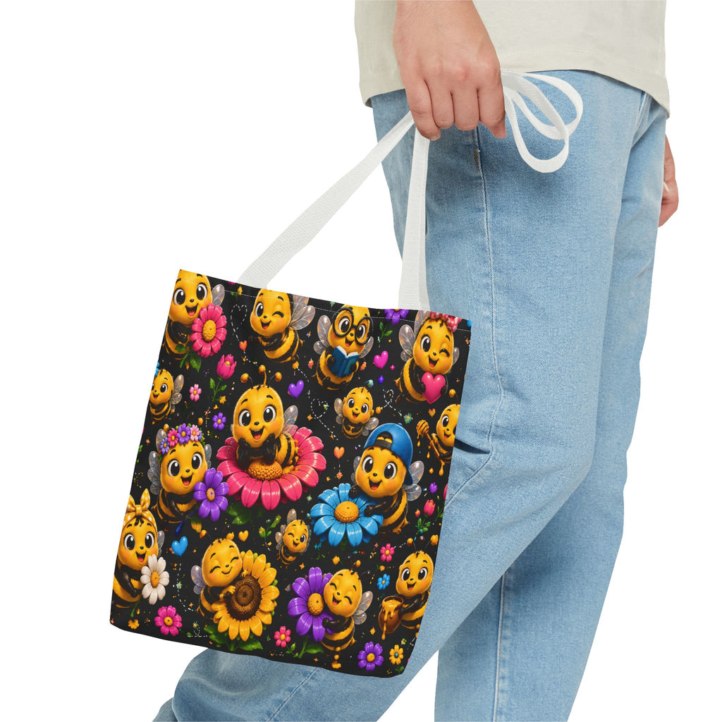 Cute Bee Pattern Tote Bag — Colorful Floral Cartoon Bees All-Over Print
