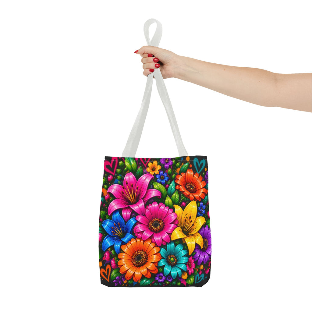 Festora Floral Burst Tote Bag — Colorful Flowers on Black
