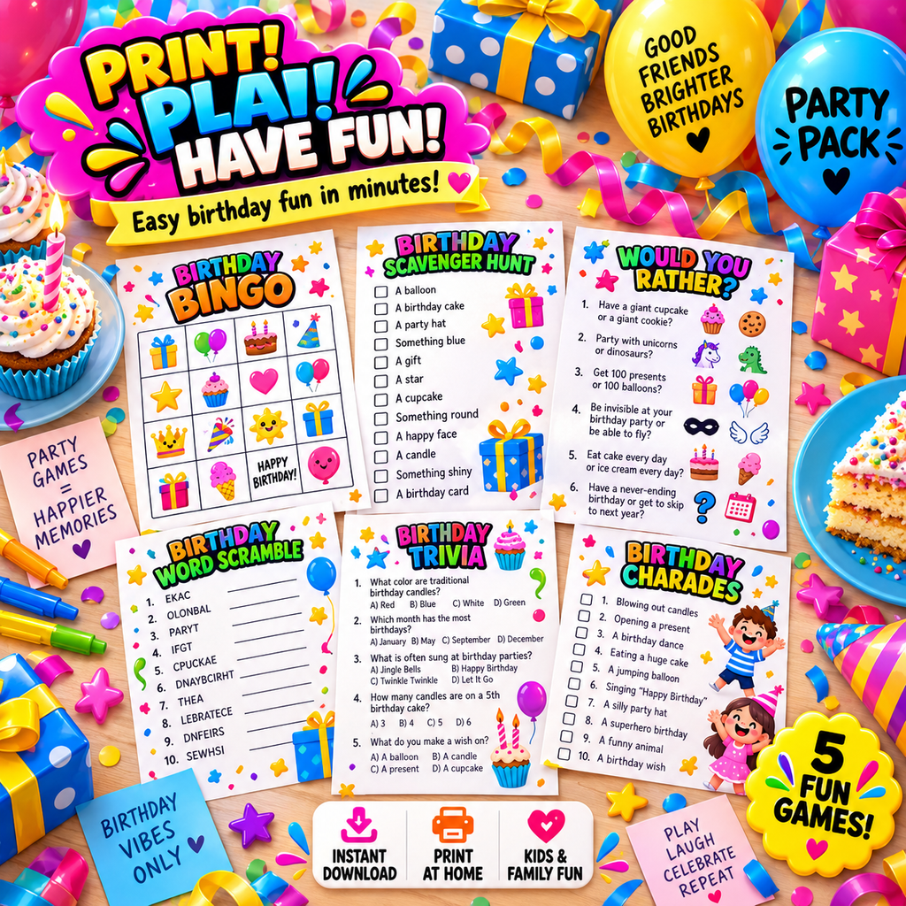 Birthday Party Challenge Pack – 5 Fun Printable Games | Instant Digital Download