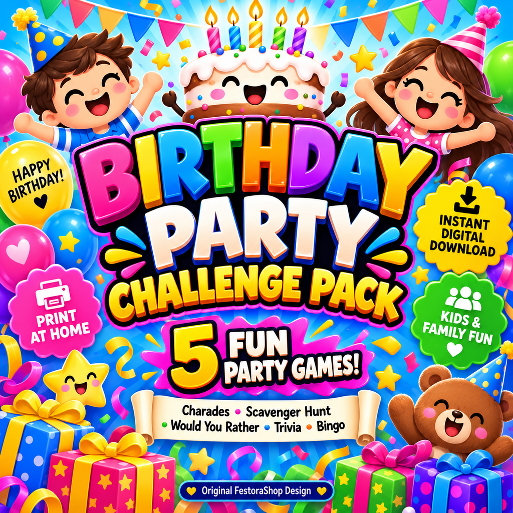 Birthday Party Challenge Pack – 5 Fun Printable Games | Instant Digital Download