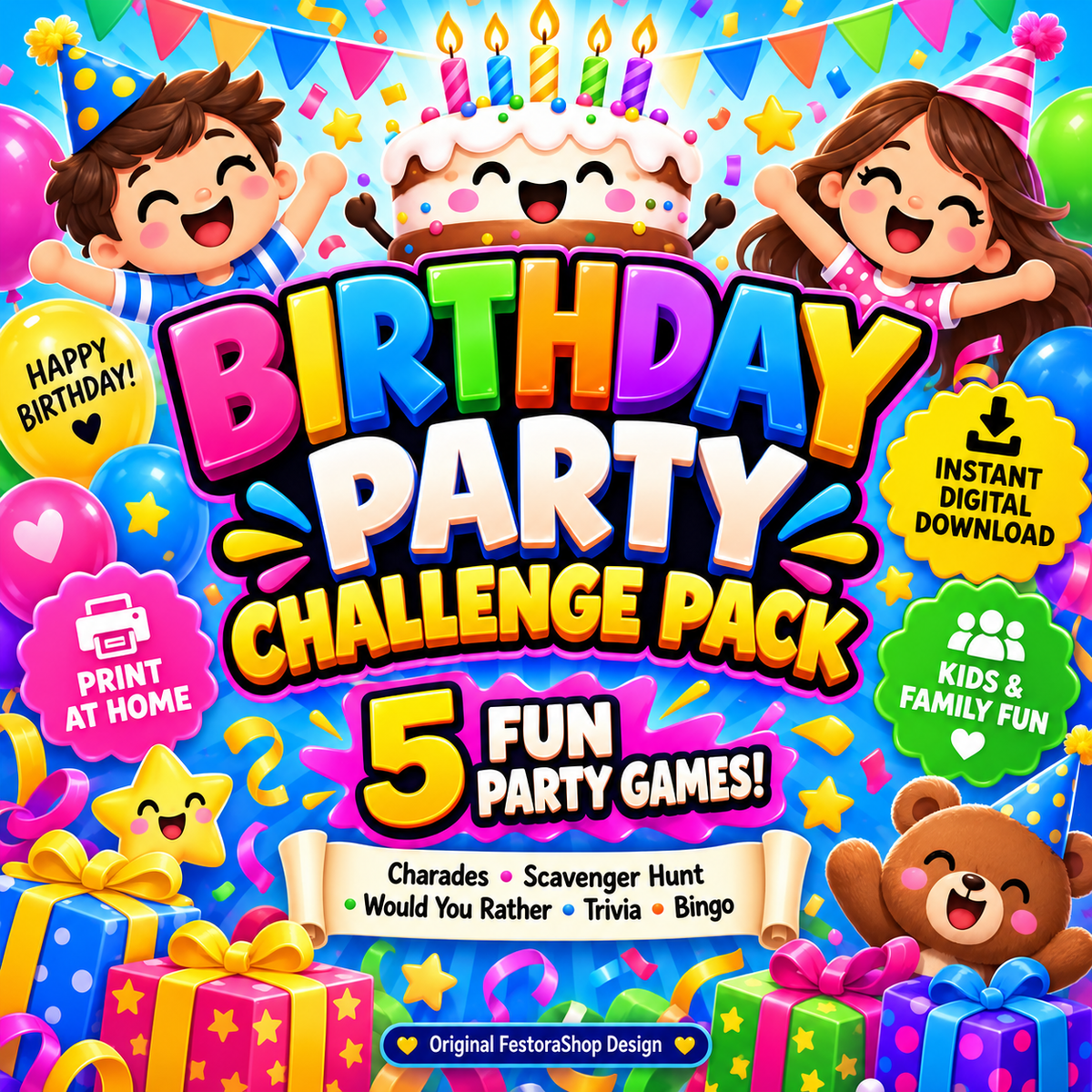 Birthday Party Challenge Pack – 5 Fun Printable Games | Instant Digital Download